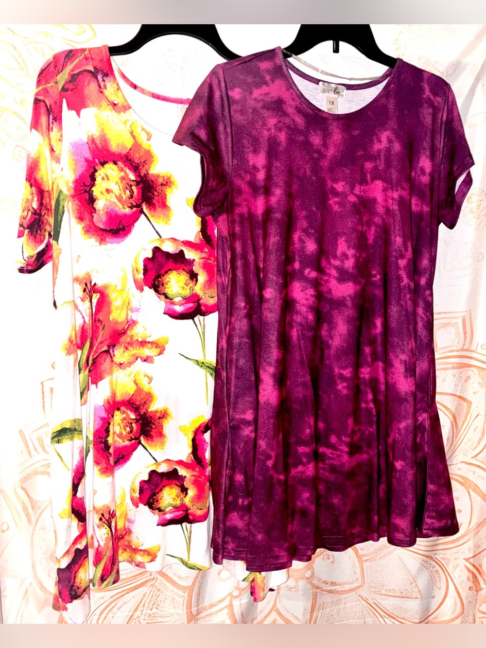 Just Be Dark Purple Tye-Dyed Dress & a White w/ Floral Printed Dress